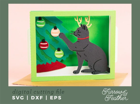3D SVG Cat with Tree Christmas Card
