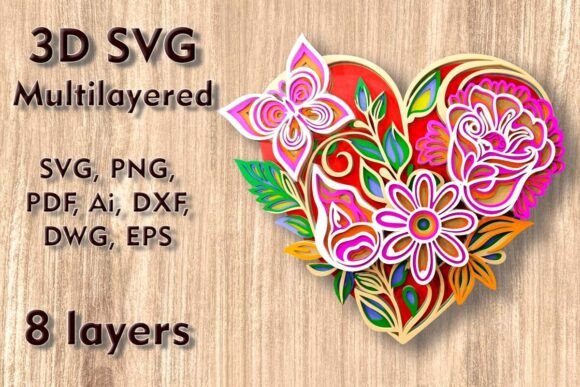 Floral Heart 3D SVG for Laser Cutting Wall Decor