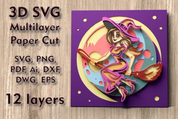 Flying Witch 3D SVG Halloween Cut File