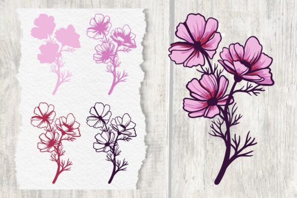 Pink Flower Branch Layered SVG Graphics